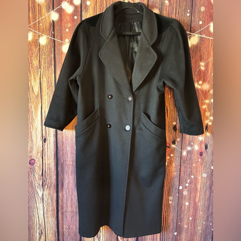 Vintage 100% Pure Virgin Wool Black Double-Breasted Women's Coat